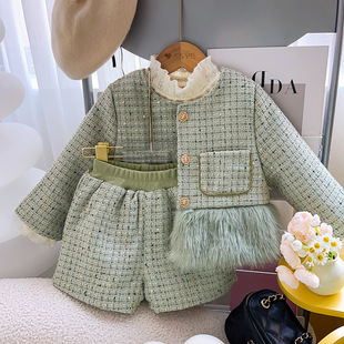 两件套气质保暖 2025女童小香风套装 冬季 新款 加绒毛毛拼接外套短裤