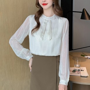 速发2204新装 通勤气质立领飘带珍珠扣套头肌理感 秋款