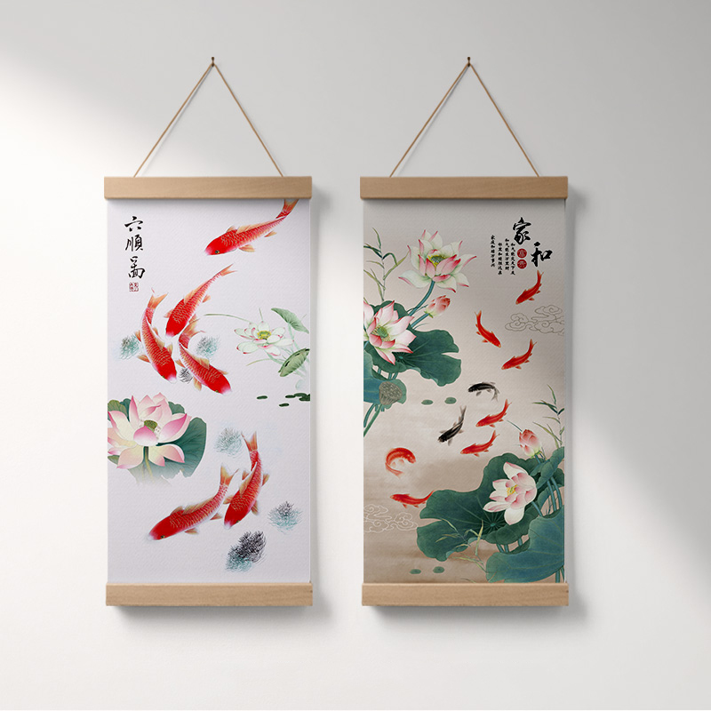 速发布艺聚财九鱼图挂画新中式茶室挂布墙画客厅壁画办公室装饰画图片