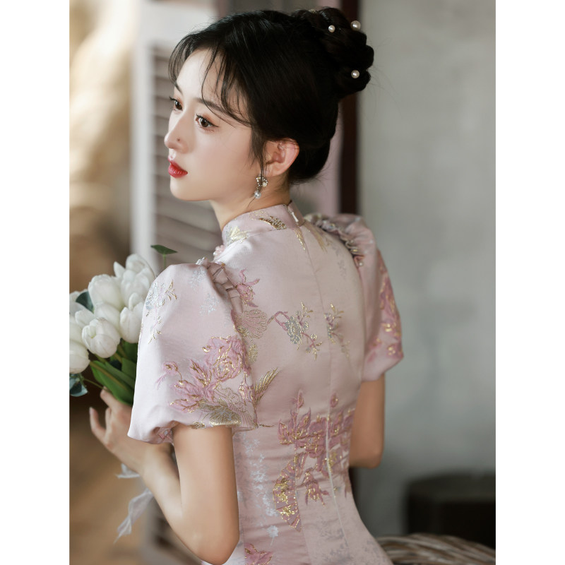 速发粉色旗袍小个子短款冬式订婚礼服秋中连法裙衣式高级感中国风