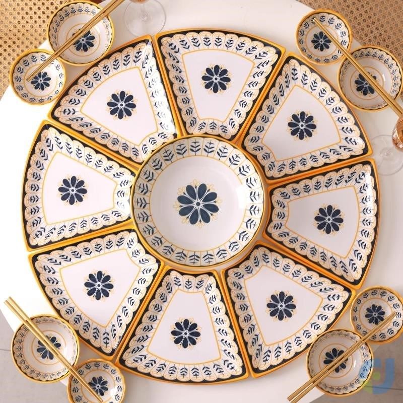 速发拼盘餐具组合家碗套装家用盘子过瓷菜盘团圆圆桌陶年庭盘创意