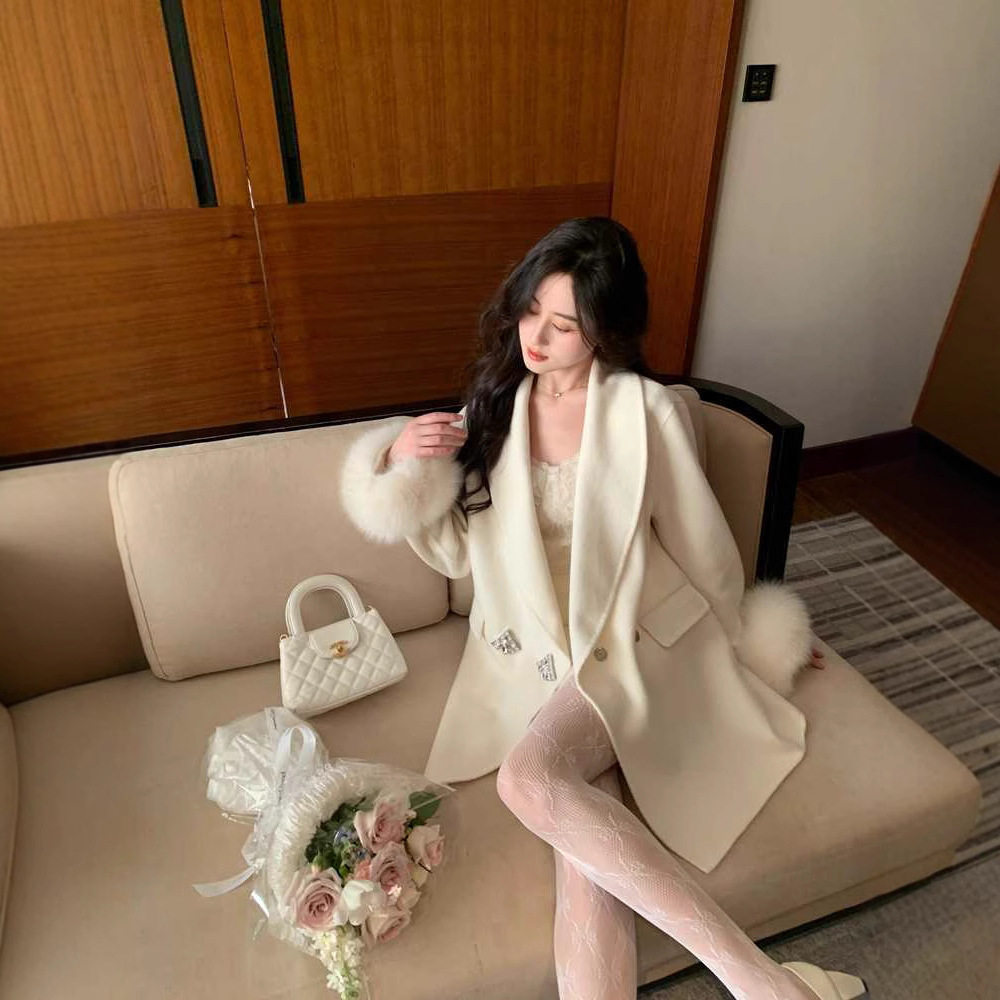 名媛轻奢气质狐狸毛双面羊绒大衣女中长款水钻翻领秋冬羊毛呢外套