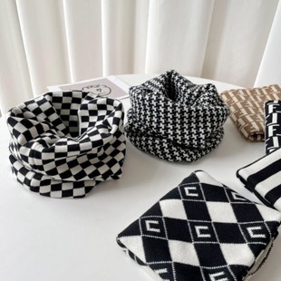 千鸟格子围脖女秋冬季新款2025爆款护颈套头防风针织毛线脖套围巾