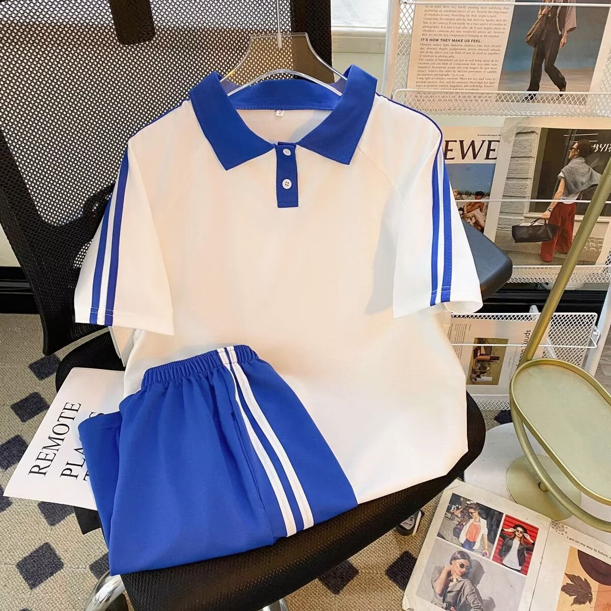 薄款透气夏季蓝白撞色运动套装男女学生青少年短袖POLO衫学校长裤