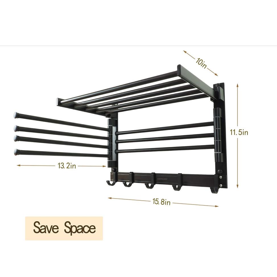折叠毛巾架壁挂式旋转毛巾架多功能浴室置物架带挂钩和摆臂杆