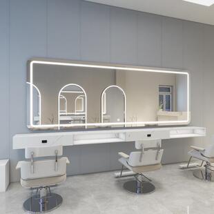 烫染区镜台理发店镜子高清发廊大通镜美发店剪发镜带灯触摸J^