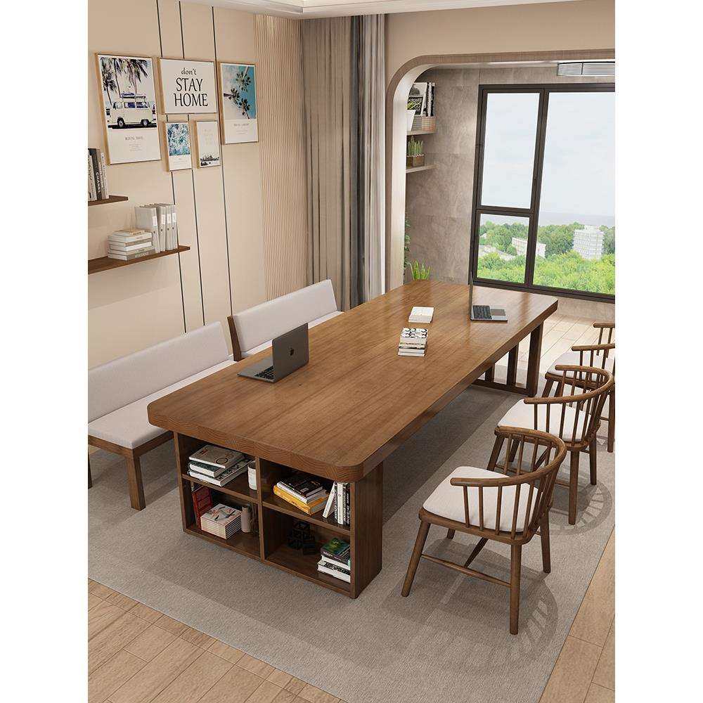 现代家用去客厅化办公桌学习桌多功能实木大长书桌书柜一体写字桌