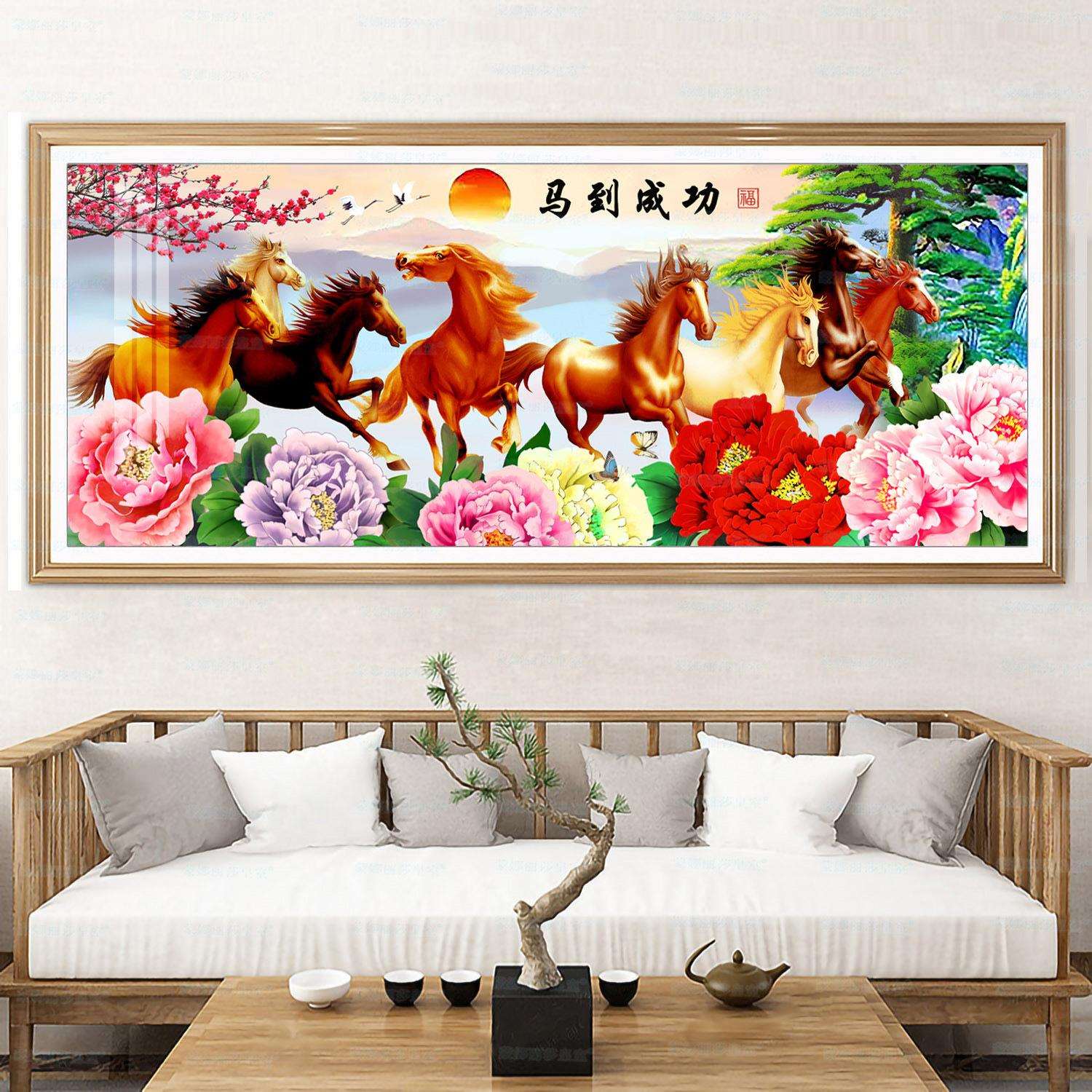 蒙娜丽莎皇室十字绣马到成功富贵版新中式客厅大幅风景装饰画手