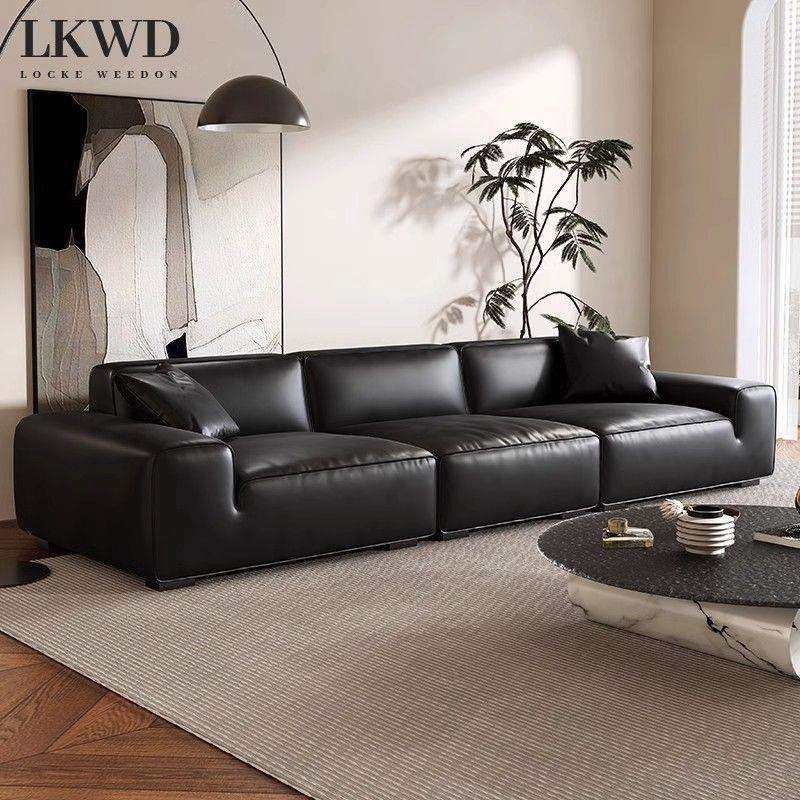 皮艺沙发客厅意式直排沙发现代简约法式大黑牛黑色豆腐块皮质沙发