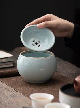 汝窑建水茶渣缸茶洗家用茶钵日式钧窑带盖过滤建水茶渣碗功夫水孟