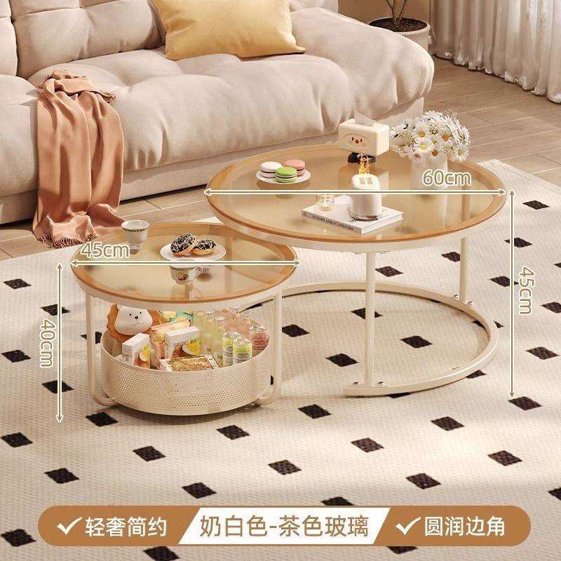 奶油风茶几客厅家用创意玻璃面茶几组合现代简约可移动圆形小茶桌