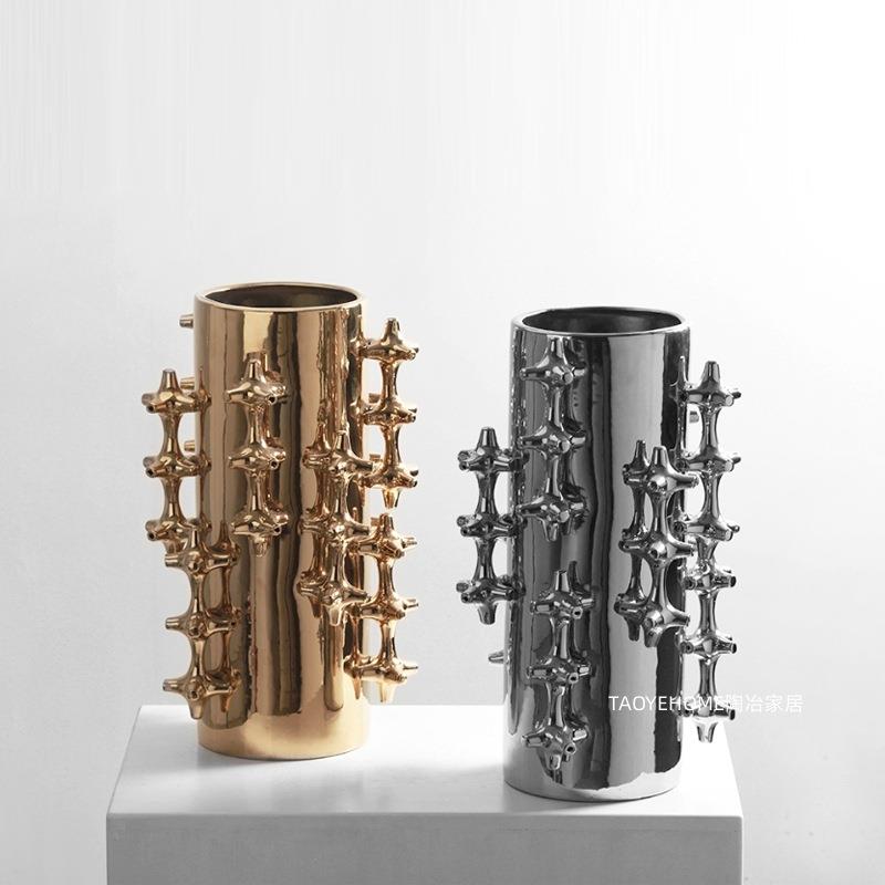 现代轻奢银色陶瓷花器摆件样板间售楼处家居花瓶艺术抽象软装饰品