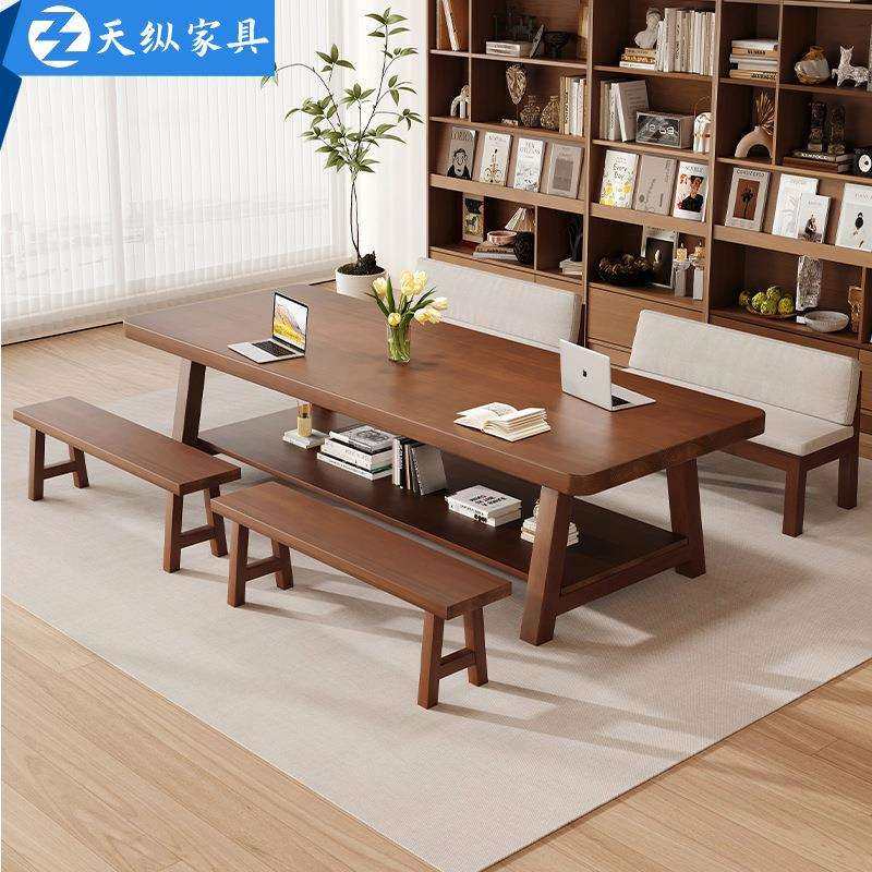 天纵美式纯实木书桌书架一体桌子学生家用学习桌客厅大板桌写字桌