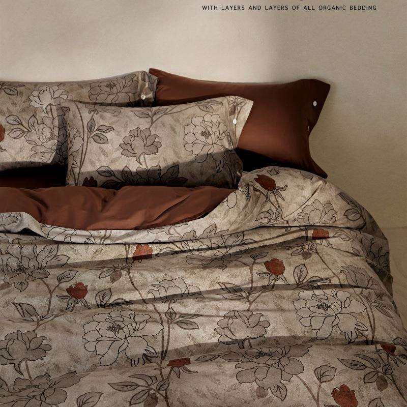 春夏高级复古风贡缎长绒棉四件套美式数码印花纯棉纽扣被套床单