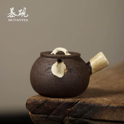 慕陶日式手作急须壶原矿粗陶侧把壶陶瓷小茶壶无釉原色复古单壶