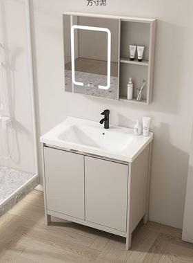 2025奶油风橙色太空铝落地式浴室柜组合一体陶瓷盆洗手台CUPC认证