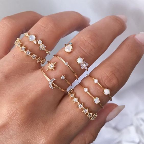 极速rings women 9pcs set jewelry 星芒月牙关节戒指女9件套装戒