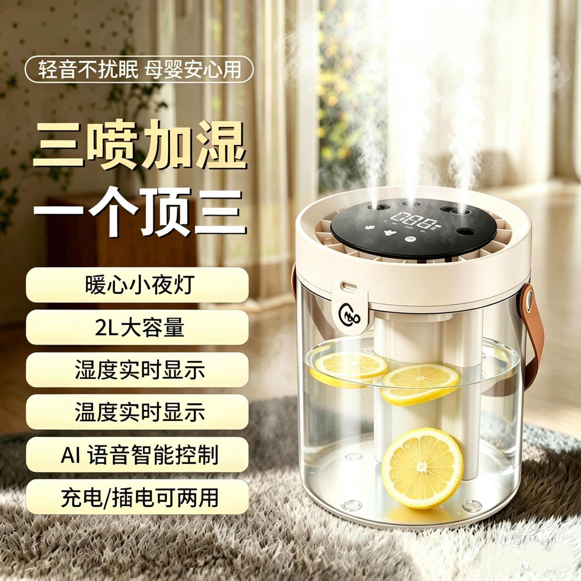 智能语音控制空气加湿器三孔喷雾实时温度湿度显示USB充电小夜灯