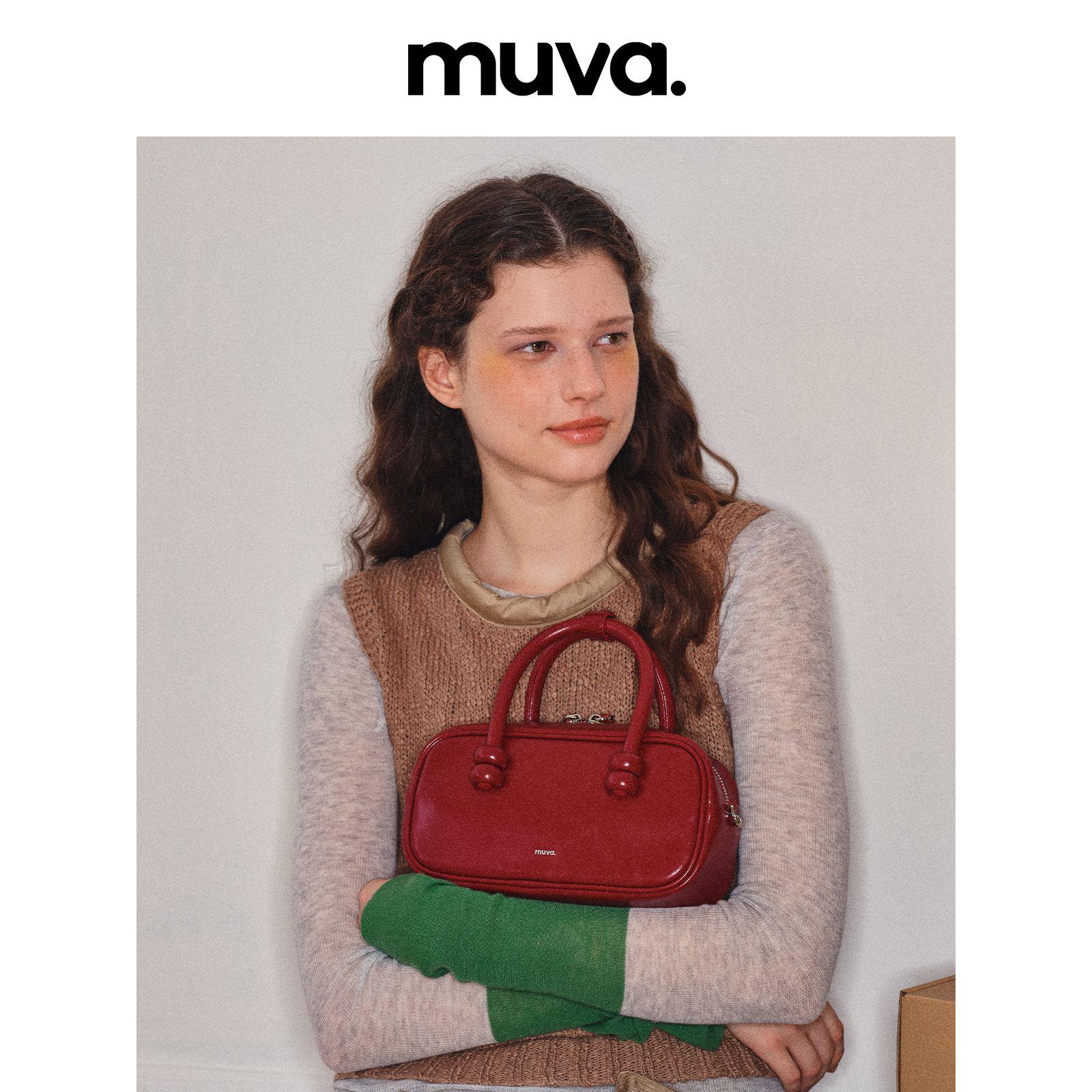 MUVA原创2023新款波士顿红色包包手提包女秋冬时尚百搭真皮斜挎包
