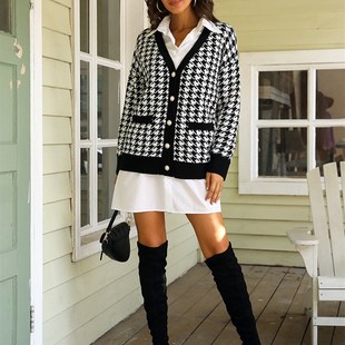 Neck Women Cardigan FSDA 2020 Houndstooth Black 新品 Button