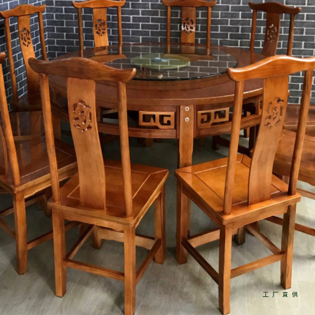 实木大圆桌带转盘10人酒店饭店餐馆电动圆桌新中式仿古餐桌椅组合