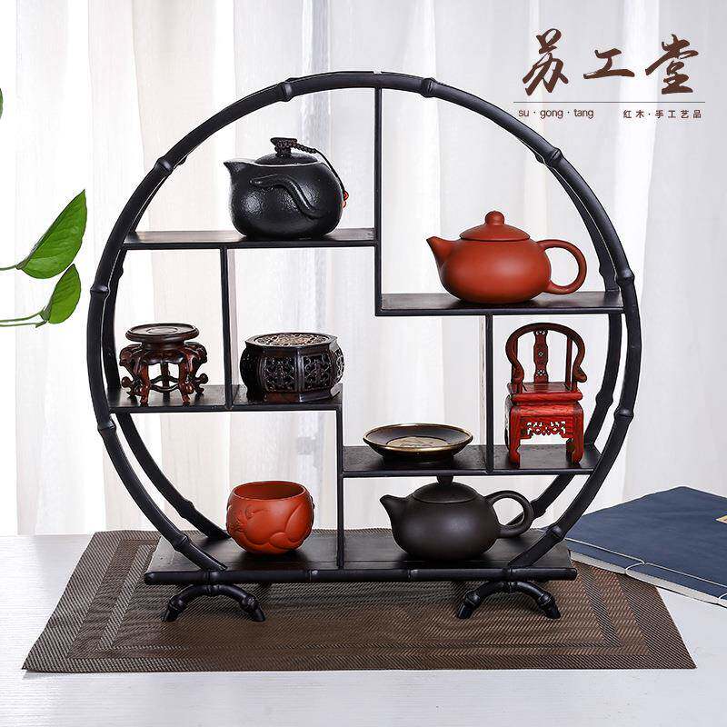 紫光檀竹节博古架实木摆件中式客厅小型工艺品多宝阁茶具架置物架