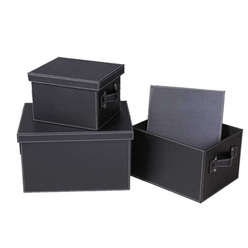 家用皮革收纳箱 PU皮质3件套收纳套箱 黑色物品整理箱组织者