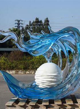 售楼处酒店大堂雕塑客厅玄关家居装饰品透明树脂浪花大型落地摆件