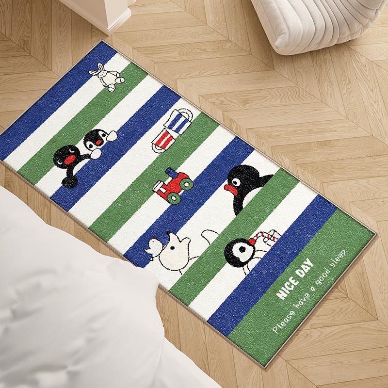 ins条纹企鹅卧室彷羊绒衣帽间镜前毯卡通地垫防滑毛绒地毯床边毯