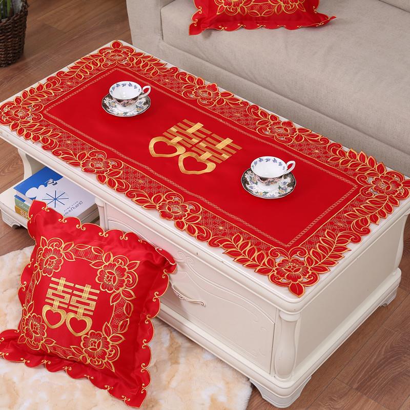 桌布结婚茶几红色婚庆中式喜庆布置结婚房装饰长方形长条桌旗布