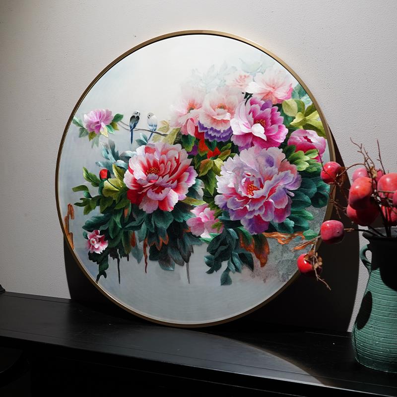 新中式纯手工刺绣国画牡丹花开富贵客厅卧室沙发背景艺术品装饰画图片
