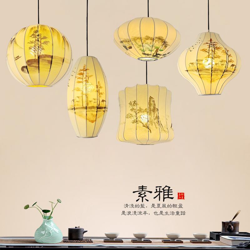 新中式绘画餐厅吊灯禅意中国风民宿吧台茶室饭店日式布艺灯笼吊灯