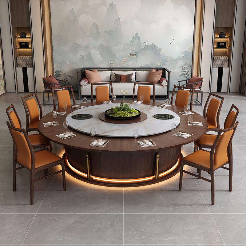 实木岩板餐桌高端氛围灯酒店包厢电动大圆桌别墅宴会家用多人餐桌