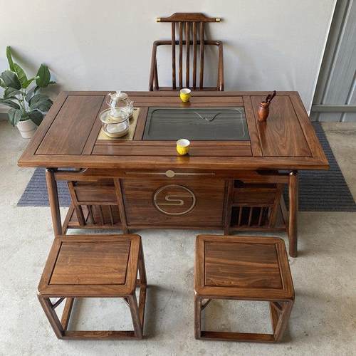 实木大茶桌椅组合中式榆木家用办公阳台小户型功夫泡茶一体茶台几