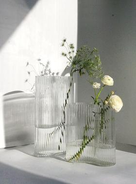ooooh北欧竖条纹水波纹彩色流线形玻璃花瓶家居简约现代