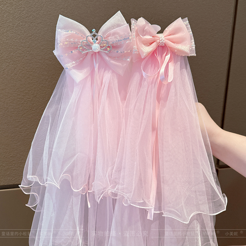 公主蝴蝶结网纱发夹女童甜美皇冠发饰小女孩蕾丝飘带发卡儿童顶夹