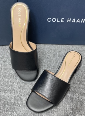 Cole Haan歌涵 女士真皮黑色凉拖鞋春夏平底沙滩鞋一字拖女
