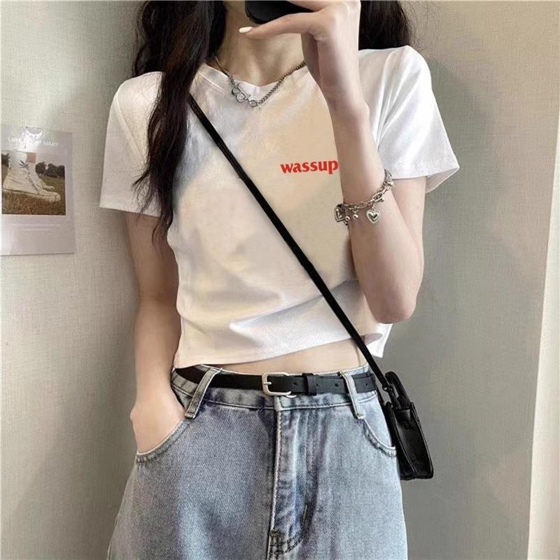 wassup短袖t恤女2025新款夏装白色显瘦辣妹短款修身露脐纯棉上衣