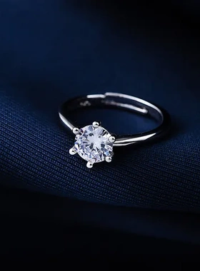 开口韩版钻戒指环戒指莫桑钻情侣婚戒女戒指六爪简约女仿真