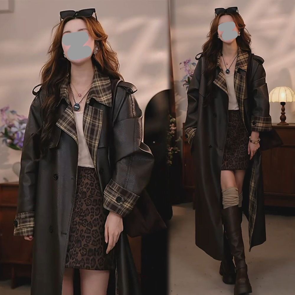 2026春季新款英伦复古机车蛋白皮风衣外套女大衣拼接格子长款皮衣