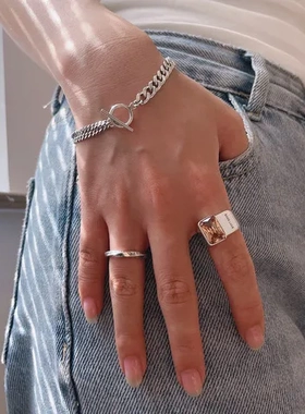 指环开口潮韩版镀银时尚戒指嘻哈复古女食指戒S925简约个性字母