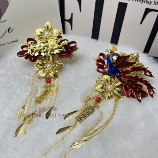 中式凤凰胸花新郎新娘结婚红蓝撞色流苏边夹胸花秀禾搭配胸针备婚