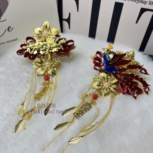 中式凤凰胸花新郎新娘结婚红蓝撞色流苏边夹胸花秀禾搭配胸针备婚