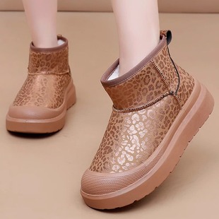 加绒加厚厚底雪地靴防滑皮面中筒豹纹棉靴 老北京棉鞋 2025冬季 新款