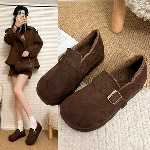 软底防滑豆豆鞋 2025冬季 加绒加厚保暖毛毛鞋 女厚底全包勃肯鞋 新款