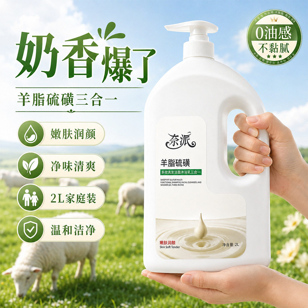 正品奈派羊脂硫磺多效洗发洁面沐浴乳三合一家庭装超大瓶2000ml