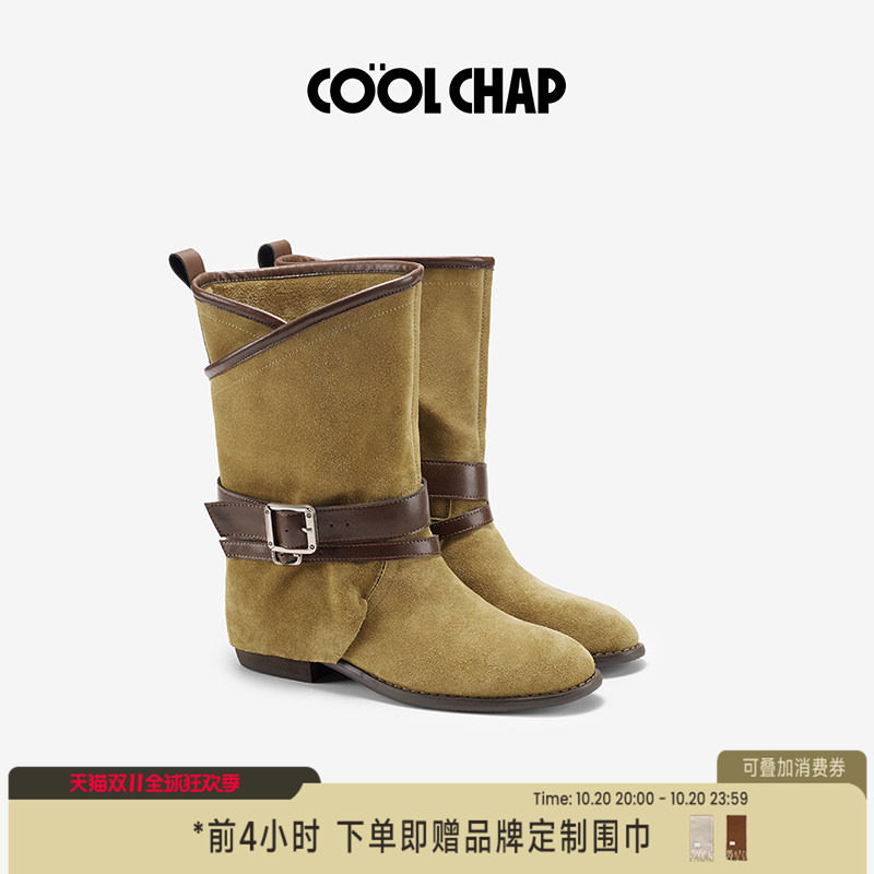 COOLCHAP城市牧歌系列西部靴26秋冬新款女士复古皮带扣短靴中筒靴