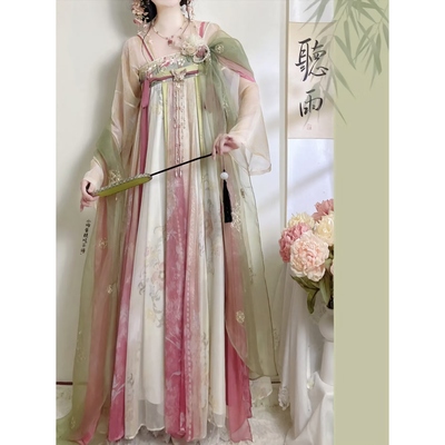 原创汉服女【佩玉春风】唐制对襟上衫齐胸破裙披帛桃红柳绿套装春