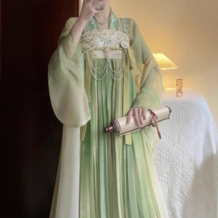 原创汉服女【柳色青青】唐制刺绣对襟上衫一片式齐胸襦裙绿色套装