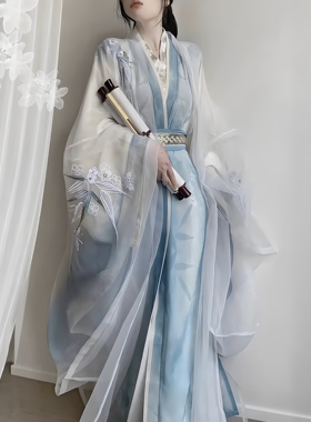 原创汉服女【洛神赋】魏晋风重工刺绣大袖衫腰封直裾清冷齐腰套装